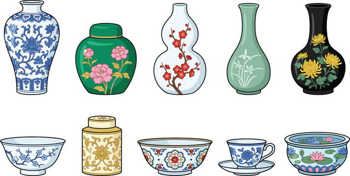 Chinese Porcelain Ceramic Collection with Floral Vases Tea Cup Bowl Canister and Traditional Decorative Pottery Vector Illustration Set