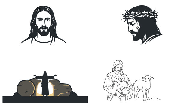 Christian Jesus Christ Vector Icon Set with Resurrection Empty Tomb, Crown of Thorns, and Good Shepherd with Lamb Symbols for Easter Religious Designs