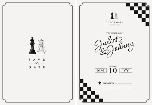 Chess themed wedding invitation card template set with save the date design, featuring black king and white queen chess pieces, checkered pattern borders, and elegant typography layout.