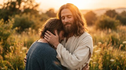 Fototapeta premium Jesus offering a warm hug and spiritual comfort to a man in a golden field.
