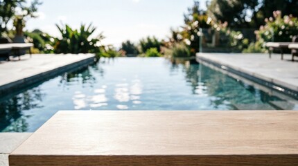 Fototapeta premium Wooden Table Top by Infinity Pool with Lush Garden View for Product Display