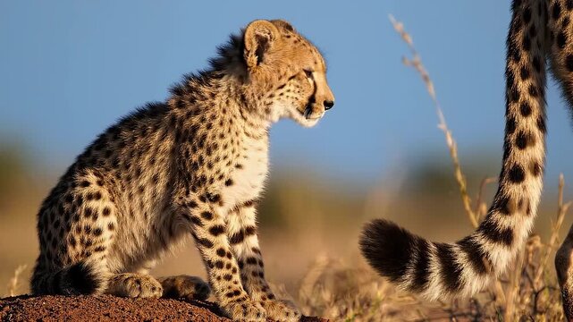 Cute baby cheetah sitting on sandy earth in the African savannah, looking at the camera with its mother's tail in the foreground.