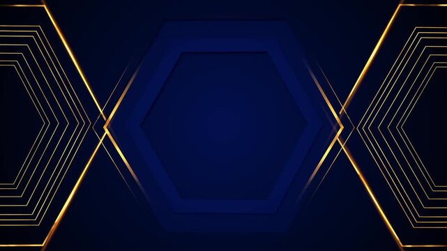 Navy geometric glowing gold hexagon lines, chevrons, dark center space, sleek premium depth. corporate , luxury titles, tech intros, business presentations, product promos, elegant motion graphics