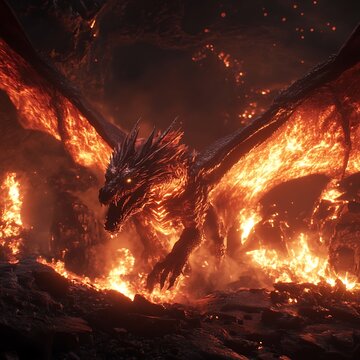 Radiant flaming dragon in dark fantasy scene high resolution picture