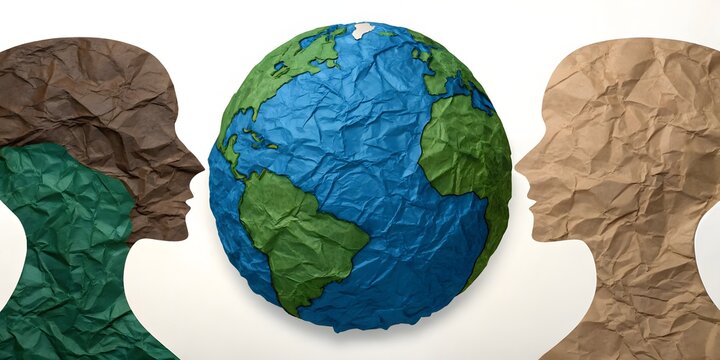 Two human heads facing each other with a globe of the earth in the middle