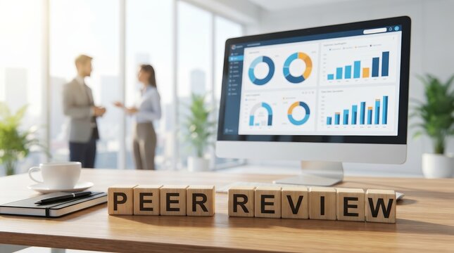 Scientific publishing peer review showing data visualization and scholarly quality control.