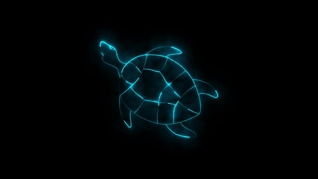 Glowing neon blue sea turtle outline on black background