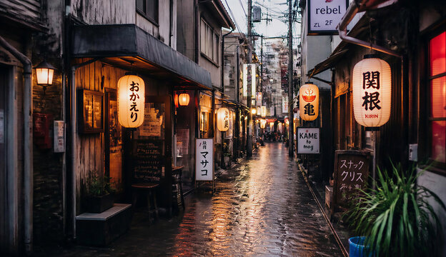 A bustling narrow street featuring traditional Asian signs and decorative lanterns, highlighting local culture and ambiance.