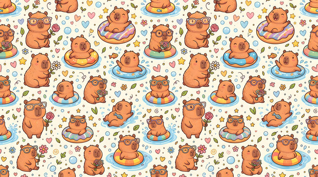 Seamless pattern with cute cartoon capybaras relaxing in colorful swimming pool floats