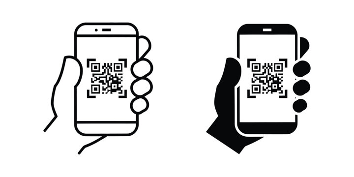 QR code icon set, mobile phone scanning symbols, hand holding smartphone, barcode scanner, digital payment, contactless technology, editable vector, transparent background.