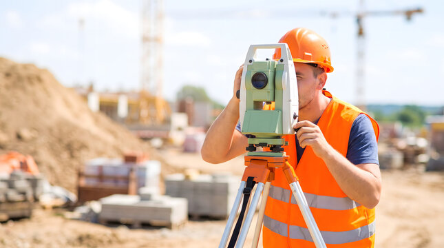 Construction surveyor operating total station instrument on outdoor worksite