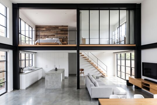 Modern open plan living room and kitchen interior with industrial steel structure, mezzanine bedroom, and concrete floors in a contemporary house