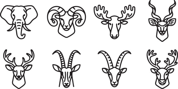 Set of eight linear animal head icons representing wildlife with wildlife elephant antelope