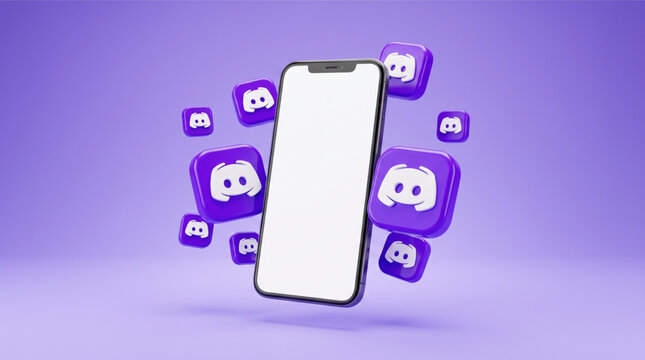 Discord Social Media App Mockup with 3D Logo Icons. Smartphone with Blank White Screen for UI UX Design Template on Purple Background. Mobile Communication Platform Community Chat Concept Render.