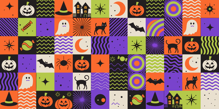 Geometric seamless pattern with halloween icons elements for wrapping paper, background, wallpaper. Trendy modern contemporary abstract print.