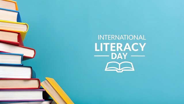Stack of colorful books for international literacy day celebration on blue background