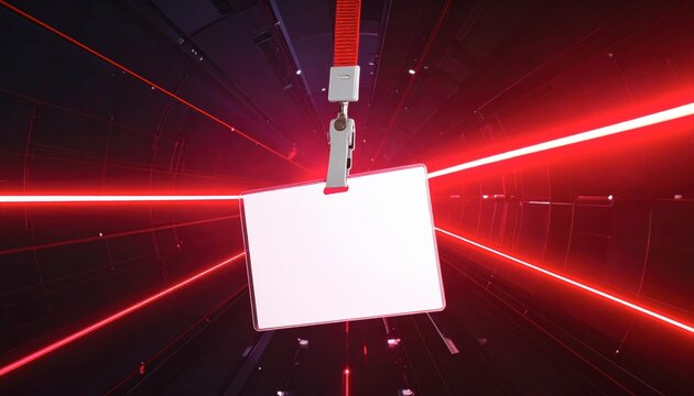 Blank name tag hanging with red laser background.