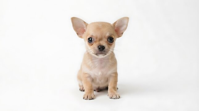 Chihuahua puppy sitting on white background, tiny tan dog with large ears, adorable short-haired chihuahua pet portrait, studio shot of small purebred canine