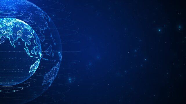 Blue digital globe network glowing world map, orbit lines, star particles, and deep copy space. global business internet technology, communication promos, data networks, futuristic motion graphics.