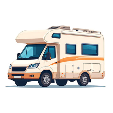 Isolated recreational vehicle with sleeping area above driver cab, tan and orange exterior, ideal for travel and adventure concepts