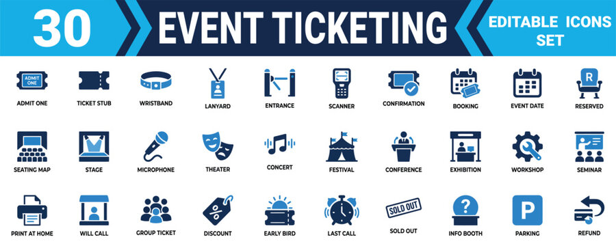 Set of 30 event ticketing icons for concerts festivals conferences and business exhibitions and seminars Minimal solid fill icon set bundle collection. Editable Vector Illustration Mega pack