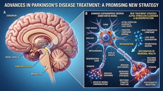 Parkinson's disease treatment infographic with brain and dopamine neuron illustration. Advanced medical diagram showing neurodegeneration and thera...