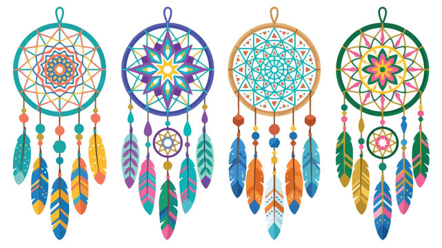 Native american dreamcatcher collection vector flat design. Colorful dream catcher with feathers boho icon set. Tribal mystical amulet ornament on white background.