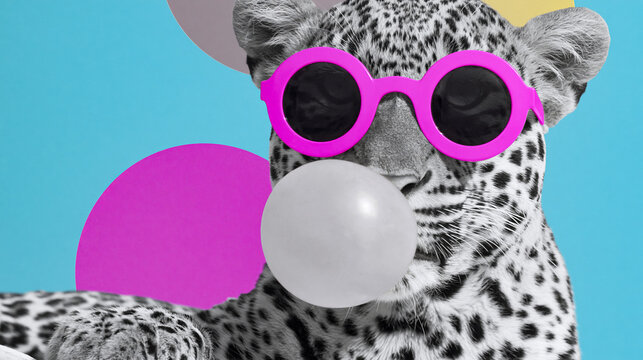 Cool leopard with pink sunglasses blows a bubble of gum against a vibrant pop art background with colorful circles for a fun and modern commercial design style.