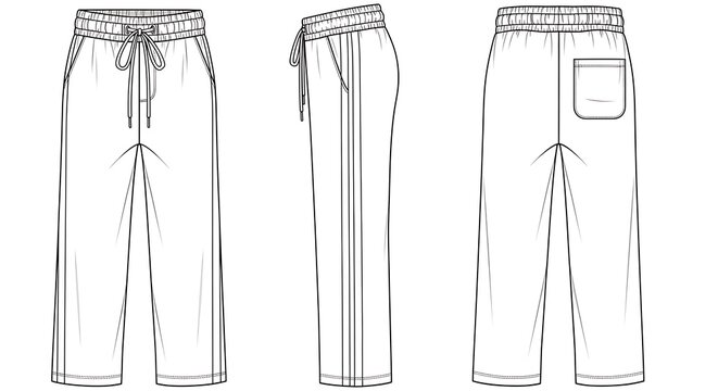 Technical fashion sketch of casual sweatpants with elastic waistband and drawstring in white