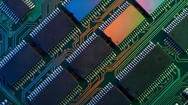Close-up of multiple integrated circuits densely arranged on a green printed circuit board