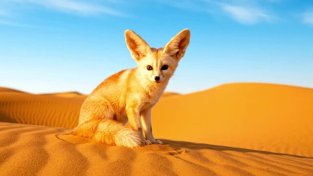 Desert fox standing on sand dune at golden hour. Wild fennec or kit fox gazing into sunset with warm backlight.