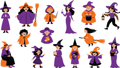 Fototapeta premium Charming halloween witch characters set diverse cartoon witches for seasonal designs and spooky celebrations