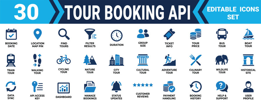 Set of 30 tour booking api icons for travel websites and mobile applications with blue and black colors Minimal solid fill icon set bundle collection. Editable Vector Illustration Mega pack
