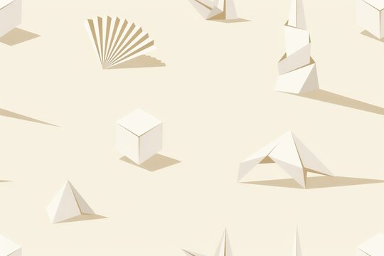 Seamless pattern of white origami paper sculptures including a fan, cube, pyramid, and geometric shapes with sharp shadows on a light background
