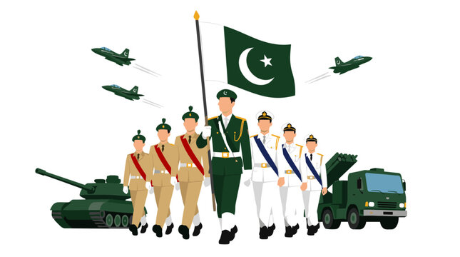 Soldiers marching in a military parade with national flag.