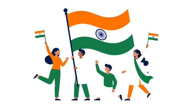 Group of people celebrating with Indian flag.