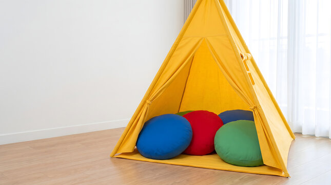 Yellow teepee tent with colorful round floor cushions placed indoors on wooden flooring