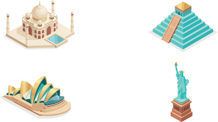 Fototapeta premium Isometric World Landmarks Vector Icon Set Featuring Taj Mahal Chichen Itza Mayan Pyramid Sydney Opera House and Statue of Liberty for Global Tourism Designs