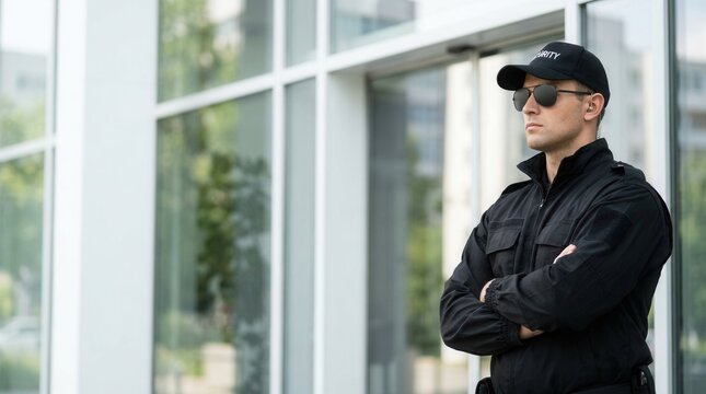 A security guard wearing a cap and sunglasses standing by a glass door.