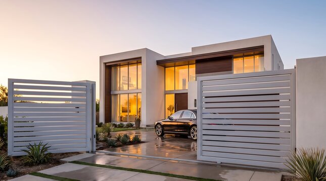 Modern luxury house exterior with a sleek black sedan parked in the driveway behind contemporary horizontal slat gates at sunset