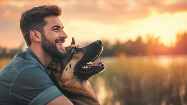 Smiling man hugging his German Shepherd dog during sunset