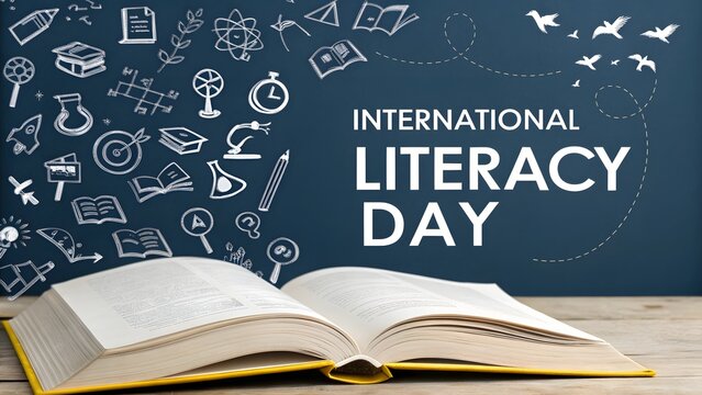 Open book with school icons on a chalkboard background for international literacy day