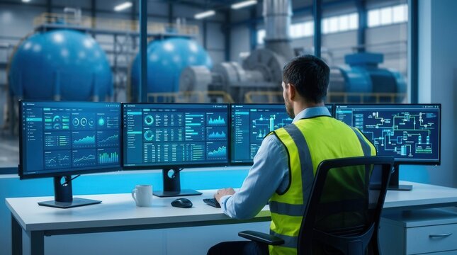 Industrial engineer at a gas power plant workstation analyzing digital monitoring systems