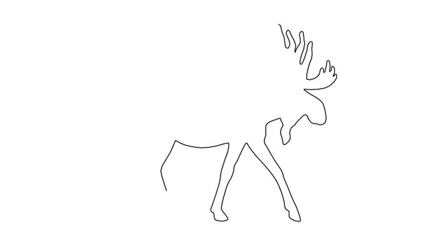 Continuous line drawing of a majestic moose walking across white surface.