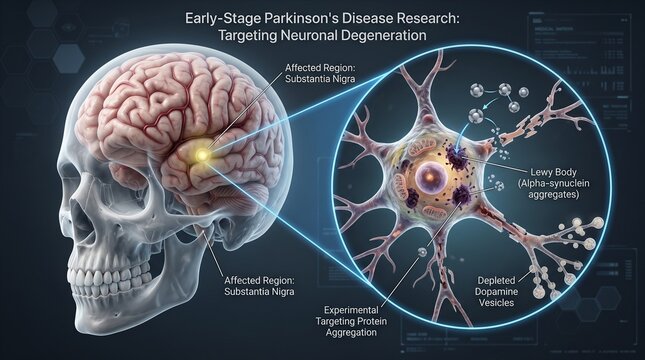 Human brain neuron research halts Parkinson's disease progression. 3D medical illustration of dopamine pathways and neurodegenerative disorder trea...