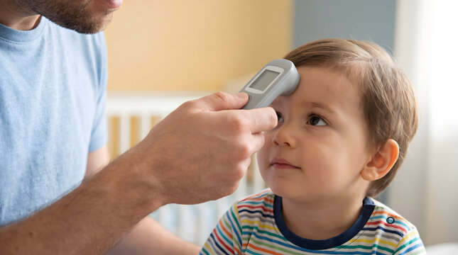 Father using a forehead thermometer to check the temperature of a young child