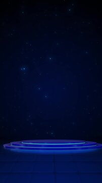 Clean digital platform scene layered blue discs, neon rim lights, starry background, polished virtual depth. launch keynote screens, studio titles, technology demos, exhibition visuals, modern promos.