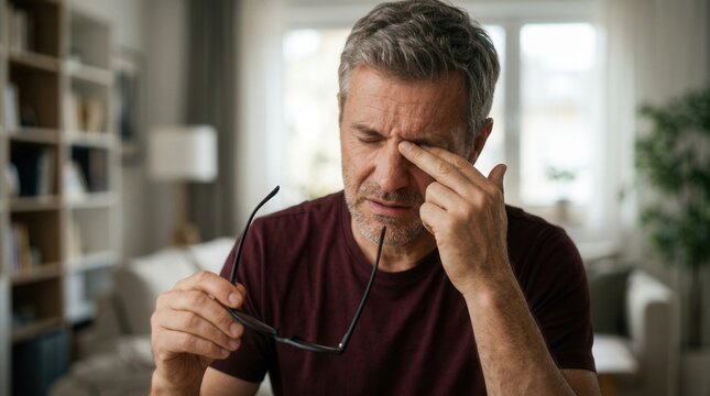 Man holding eyeglasses while suffering from tired eyes or glaucoma issues.