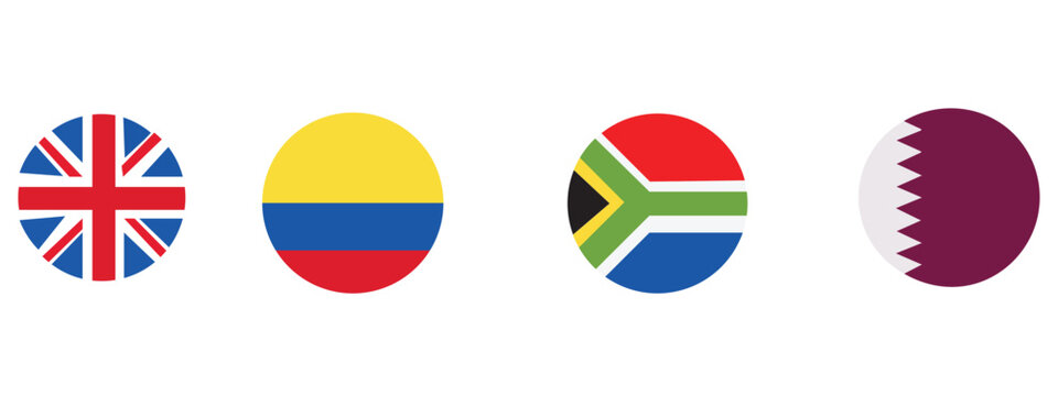 Set of four circular national flag icons of uk colombia south africa