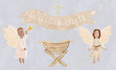 Obraz premium Pair of angels, star, manger, ribbon reading Peace on earth lettering, with warm accents textures. Watercolor on light grey background perfect for Christmas cards, decor, inspirational holiday designs